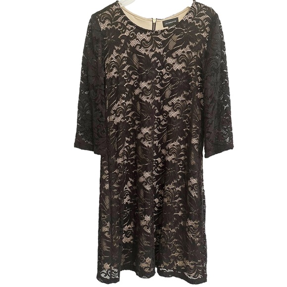 LIZ CLAIBORNE Women's Black Lace Overlay Shift Dress 3/4 Length Sleeves Size 6 - Picture 2 of 14
